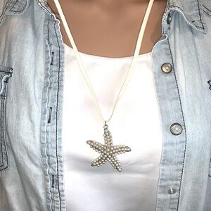 Starfish Pearl Statement Pendant Necklace with leather chain